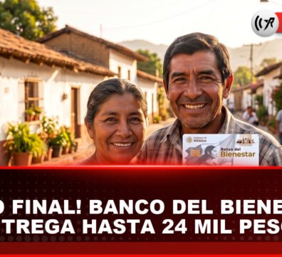 Banco del Bienestar anuncia última entrega del año: depósitos de hasta 24 mil pesos Tarjeta del Banco del Bienestar y campo de cultivo mexicano.