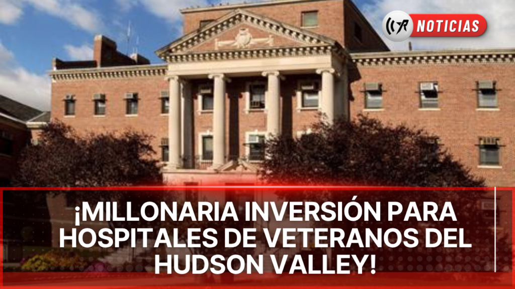 Fachada del hospital de veteranos en Montrose con titular sobre inversión federal.